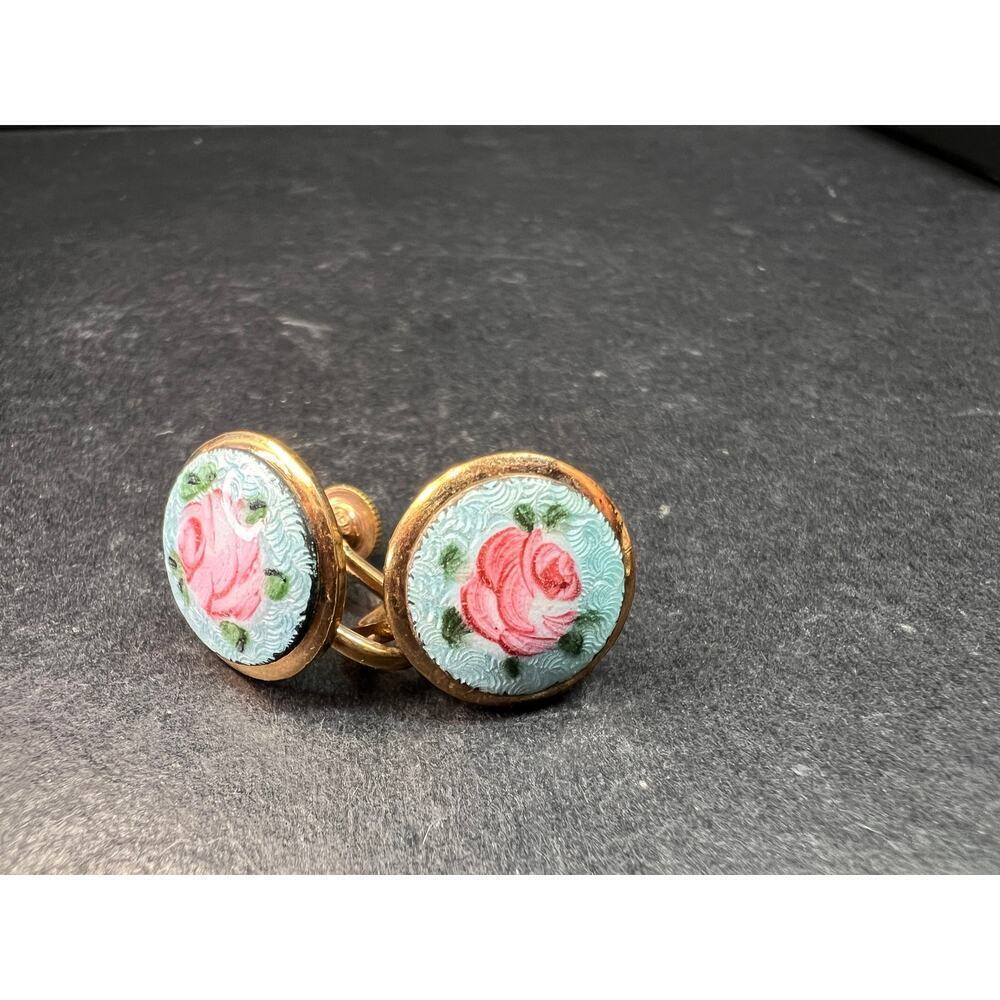 Vintage MCM Gold Tone Guilloche Enamel Pink Rose Screw Back Earrings - Picture 2 of 9